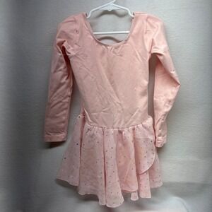 Girls Pink Long Sleeve Ballet Dance Leotard Dress Tutu Skirt Sparkle Rhinestones